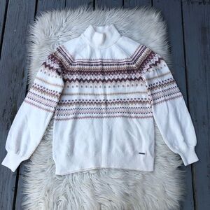 Abercrombie & Fitch Y2K Fair Isle Turtle Neck Puff Sleeves White Brown Sweater S